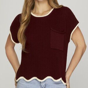 SHE + SKY MAROON & WHITE SCALLOP HEM SWEATER